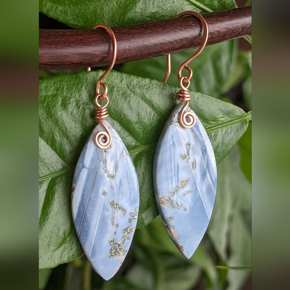 Artisan Blue Opal Gemstone Earrings Copper Wrap Spiral Marquise Lightweight - Picture 8 of 16